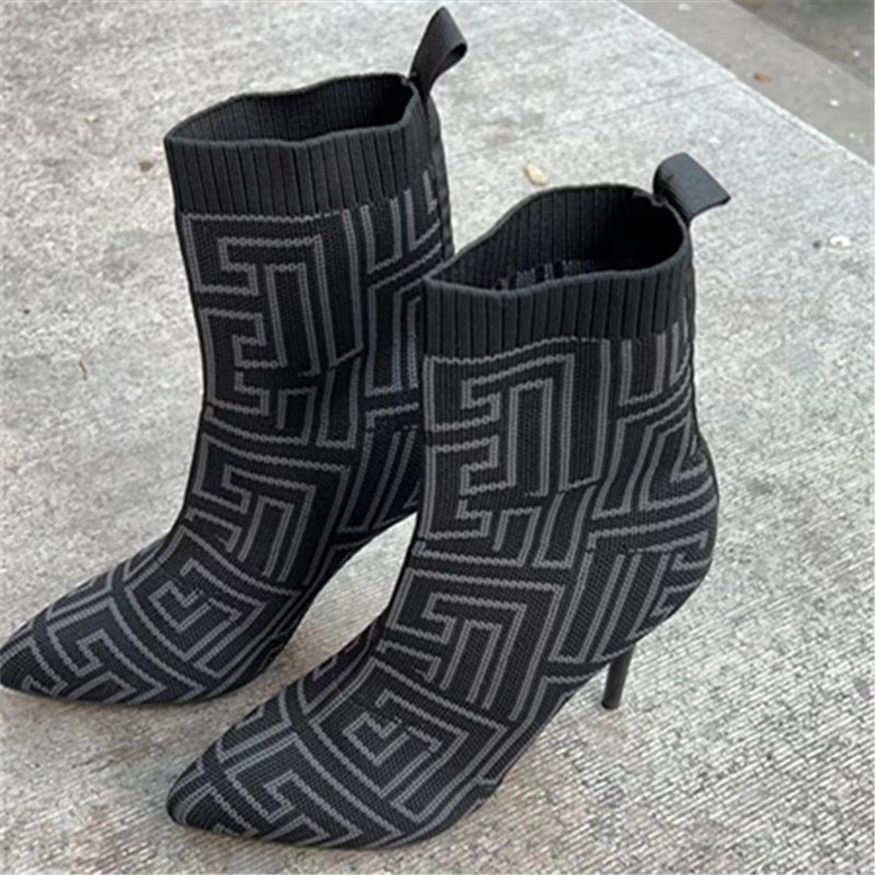 Fashion Ankle Women Thigh High Heel  Pointed Toe Print Boots