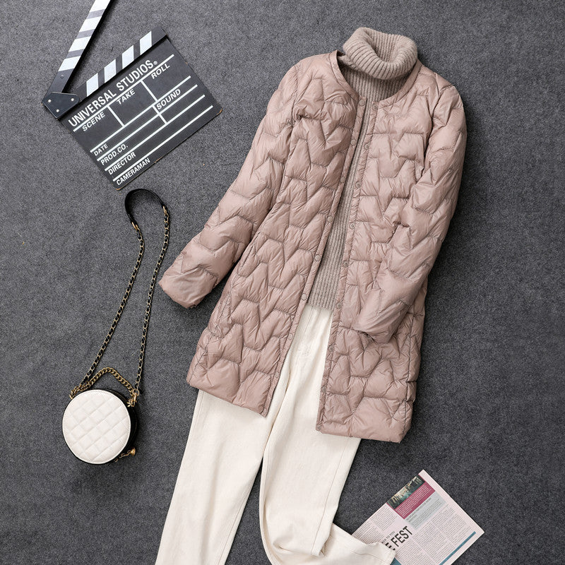 Lightweight Down Women's Collarless Mid-length  Round Neck Liner Slim Fit Coat