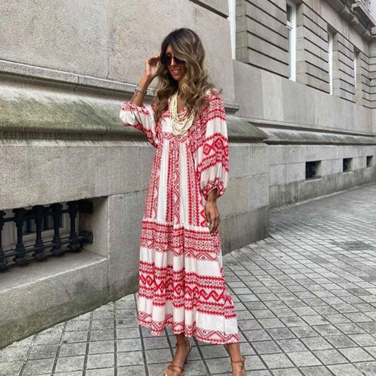 Summer  Vintage Printed Bohemian  Elegant  Casual Loose V-Neck Short Sleeve Long Dress