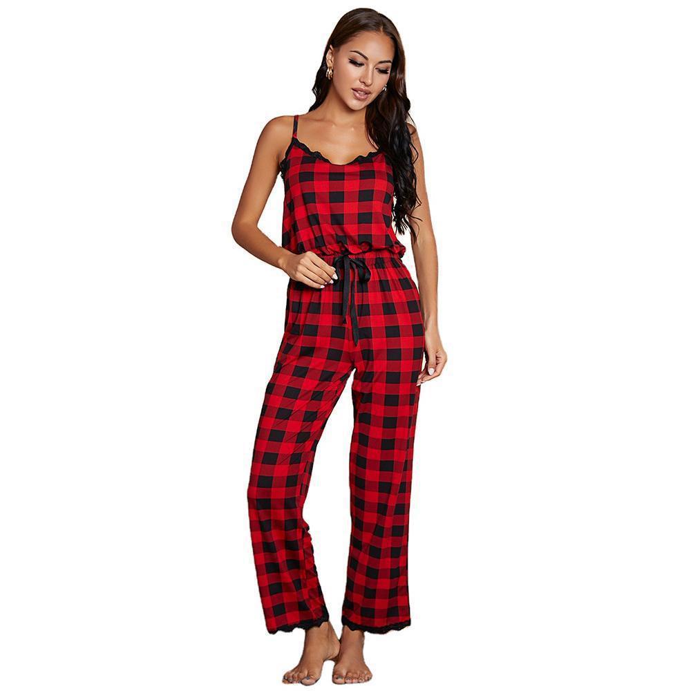 Plaid Lace Trim Spaghetti Strap Jumpsuit