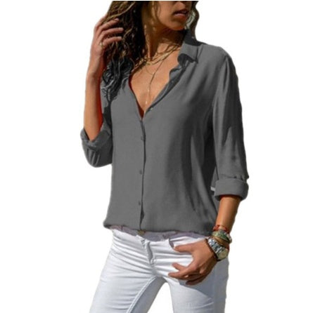 Solid Color Deep V Button Women's Long Sleeved Shirt
