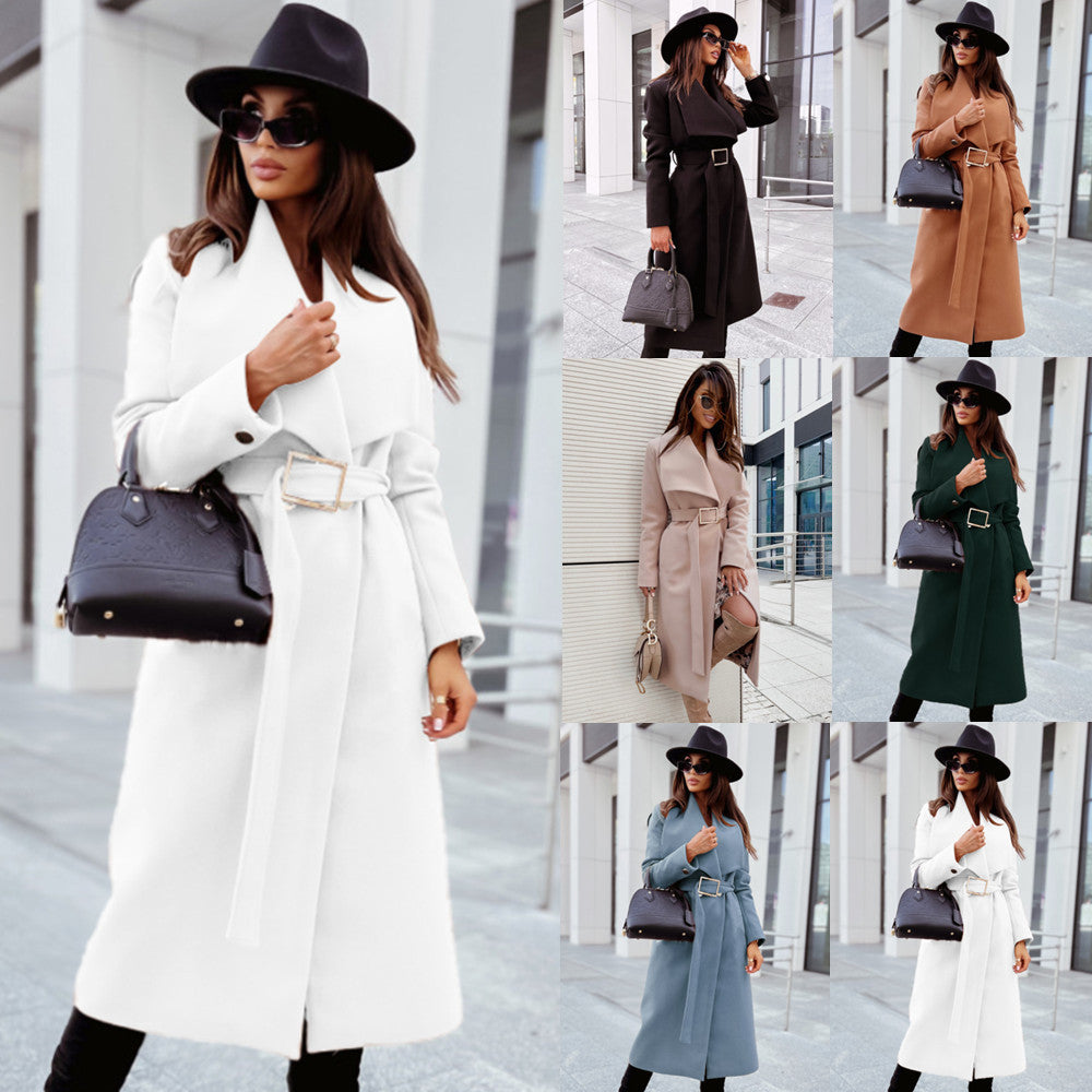 Autumn And Winter Simplicity Long Sleeve Button V-neck Lace Up Coat