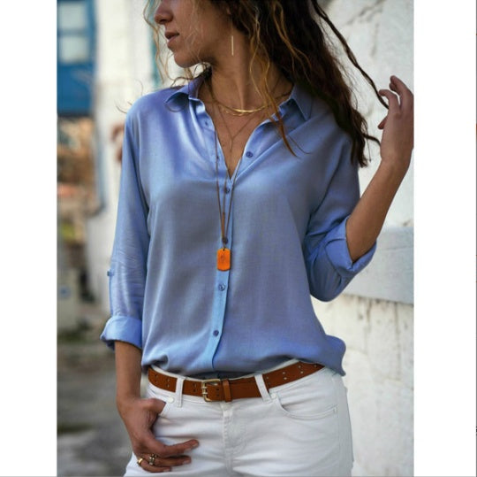 Solid Color Deep V Button Women's Long Sleeved Shirt