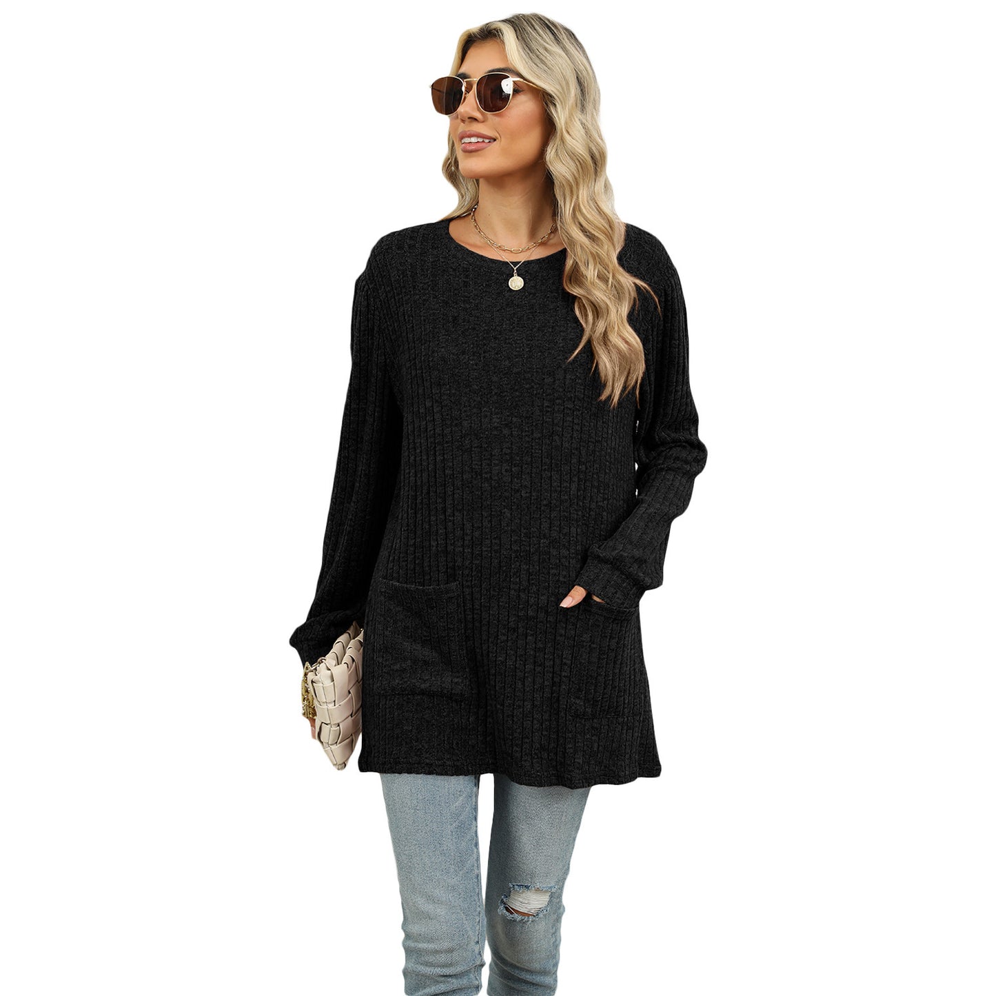 Casual Round Neck Pocket Puff Sleeve Loose Top