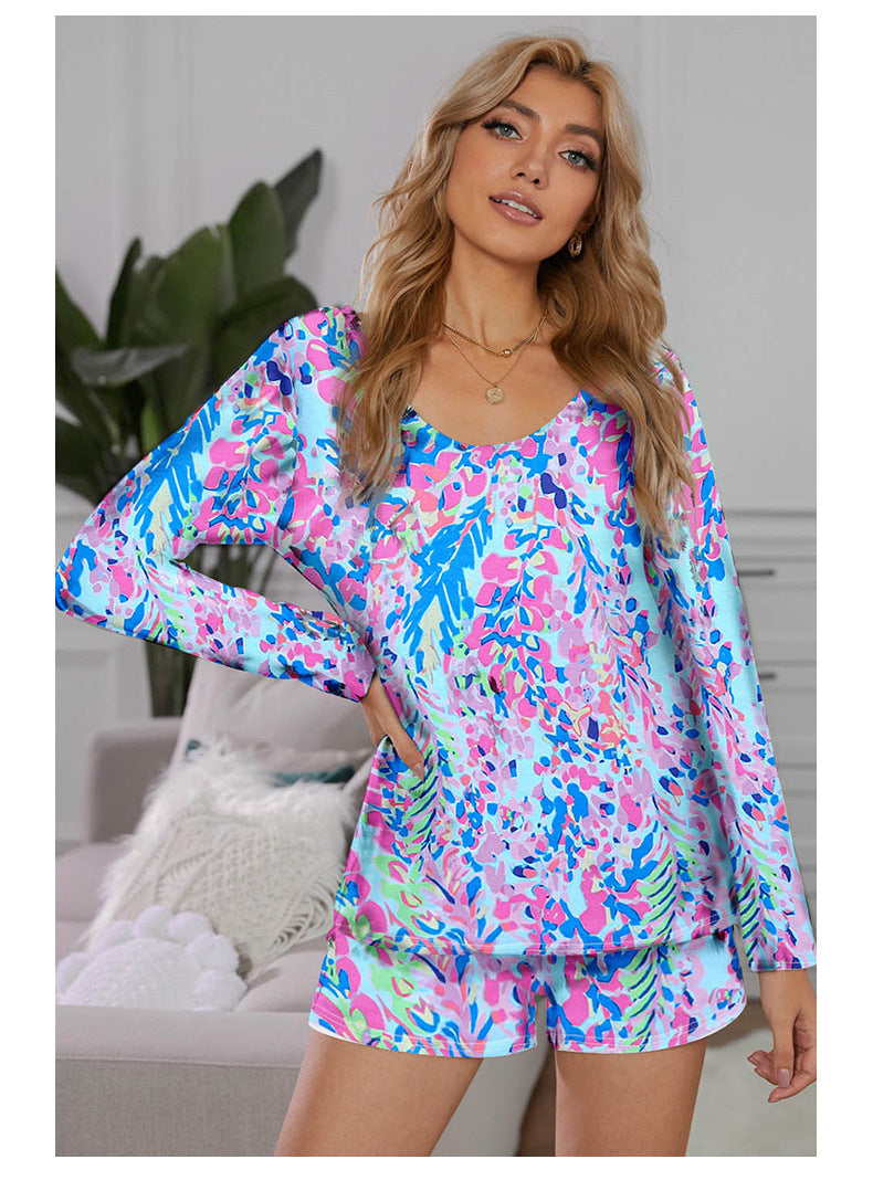 Long Sleeve Shorts Casual Print Top Women's Suit