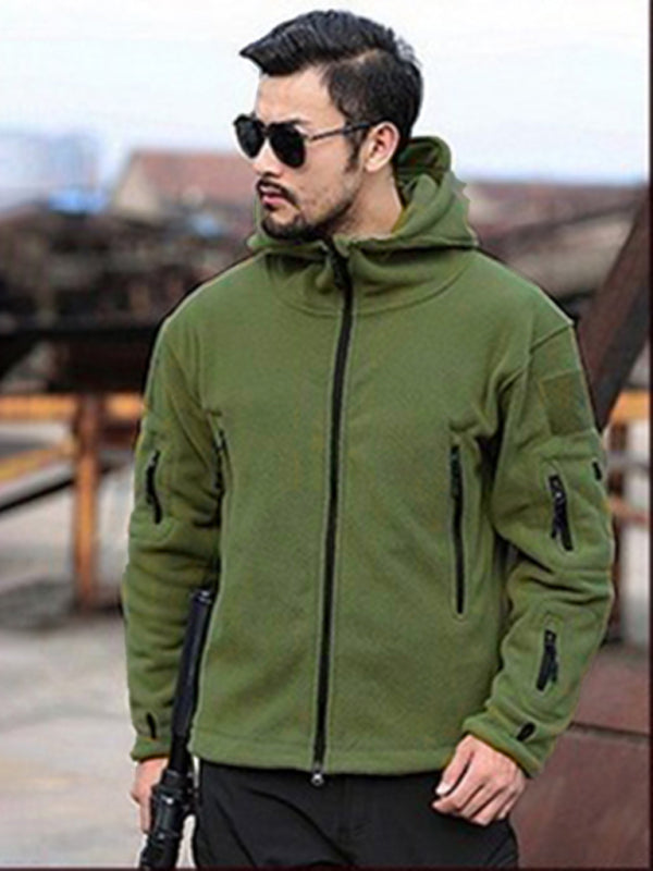 Men's Outdoor Warm Liner Fleece  Cold-Proof  Wind Hood Solid Color Hooded Jacket