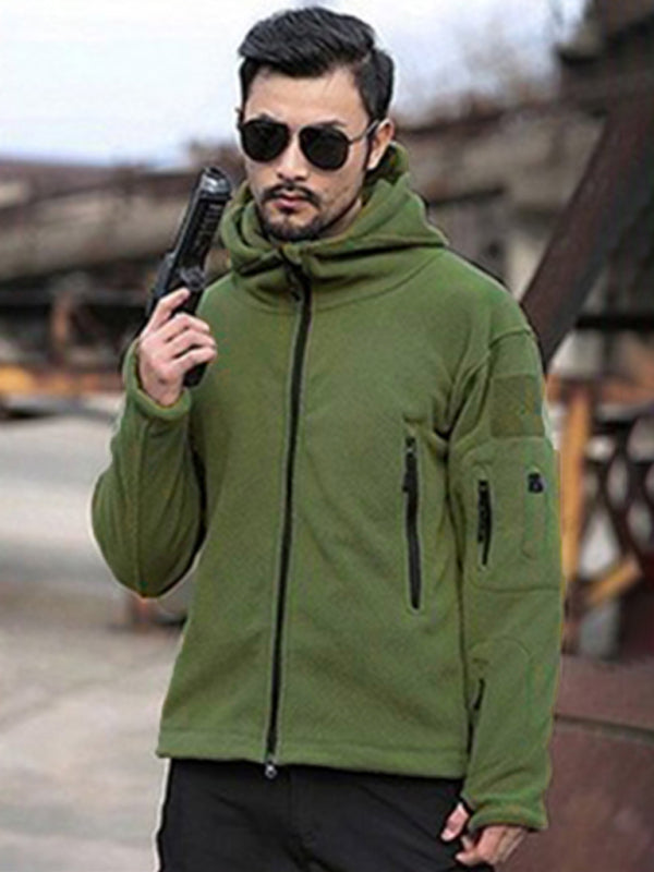 Men's Outdoor Warm Liner Fleece  Cold-Proof  Wind Hood Solid Color Hooded Jacket