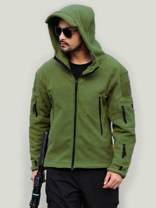Men's Outdoor Warm Liner Fleece  Cold-Proof  Wind Hood Solid Color Hooded Jacket