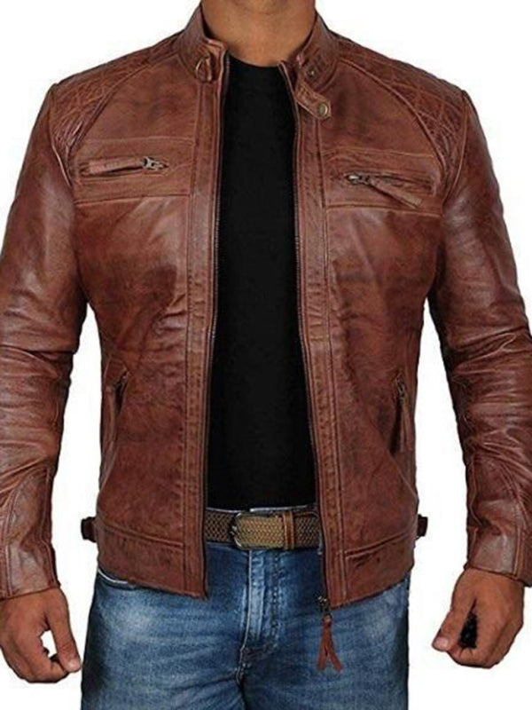 Men’s Stand-Collar Punk Motorcycle PU Leather Slim-Fit Jacket