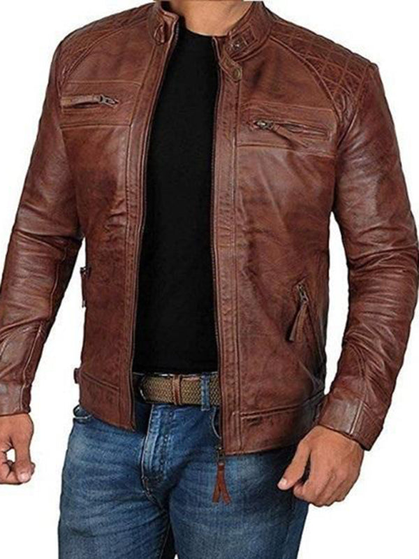 Men’s Stand-Collar Punk Motorcycle PU Leather Slim-Fit Jacket