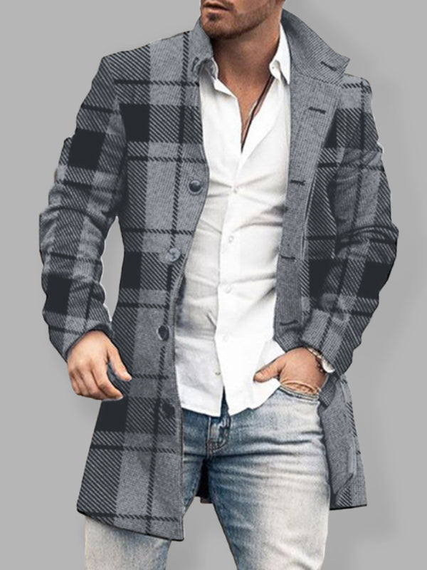 Men's woolen stand collar mid-length pocket casual coat