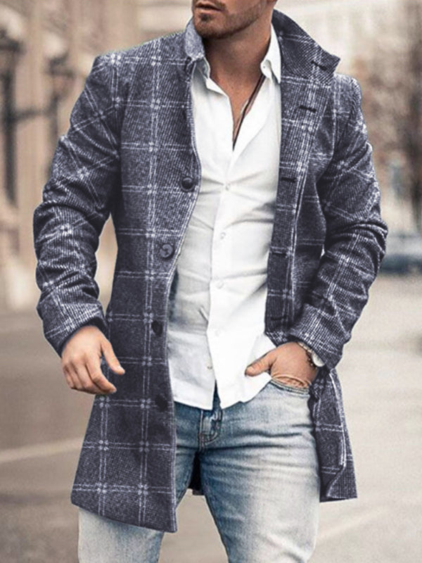 Men's woolen stand collar mid-length pocket casual coat
