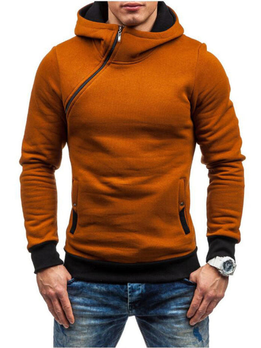 Men's diagonal zipper solid color long-sleeve hoodie