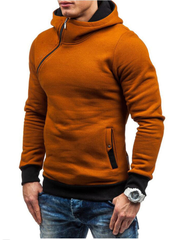 Men's diagonal zipper solid color long-sleeve hoodie