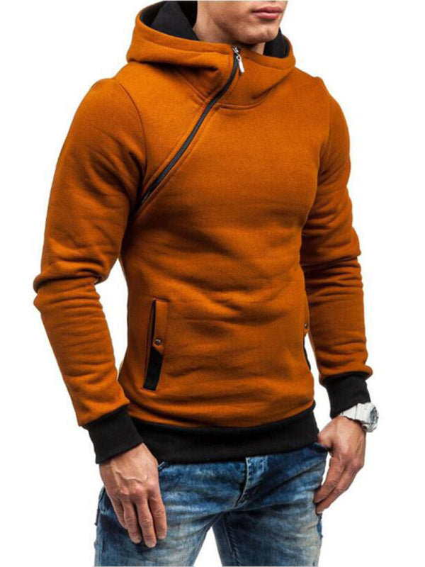 Men's diagonal zipper solid color long-sleeve hoodie