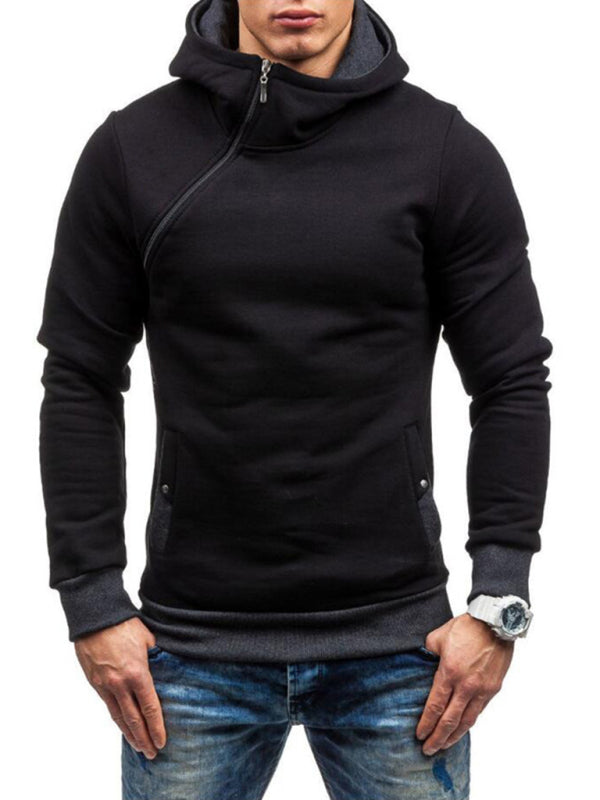 Men's diagonal zipper solid color long-sleeve hoodie