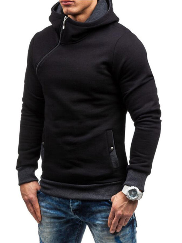 Men's diagonal zipper solid color long-sleeve hoodie