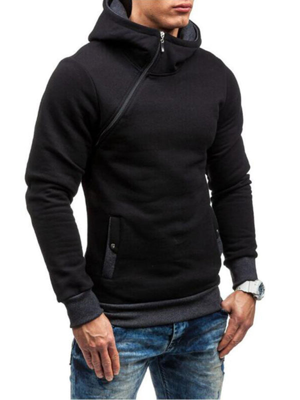 Men's diagonal zipper solid color long-sleeve hoodie