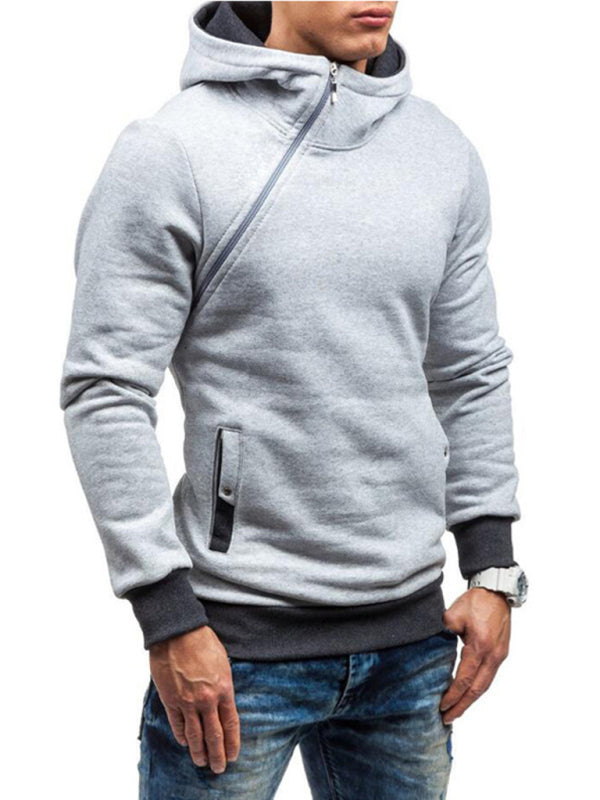 Men's diagonal zipper solid color long-sleeve hoodie