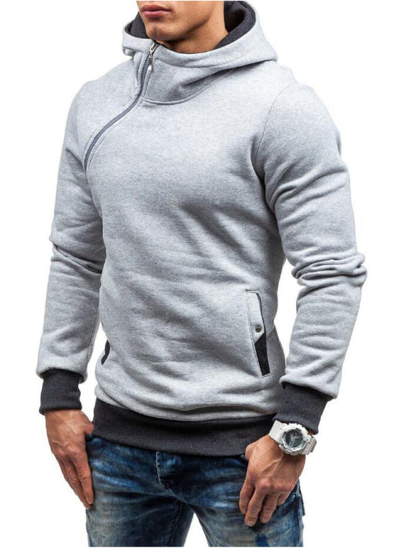 Men's diagonal zipper solid color long-sleeve hoodie