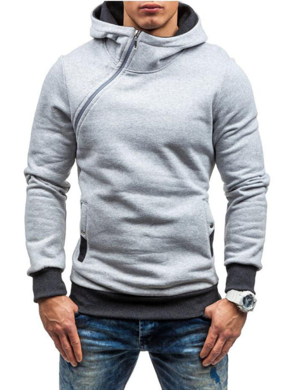 Men's diagonal zipper solid color long-sleeve hoodie