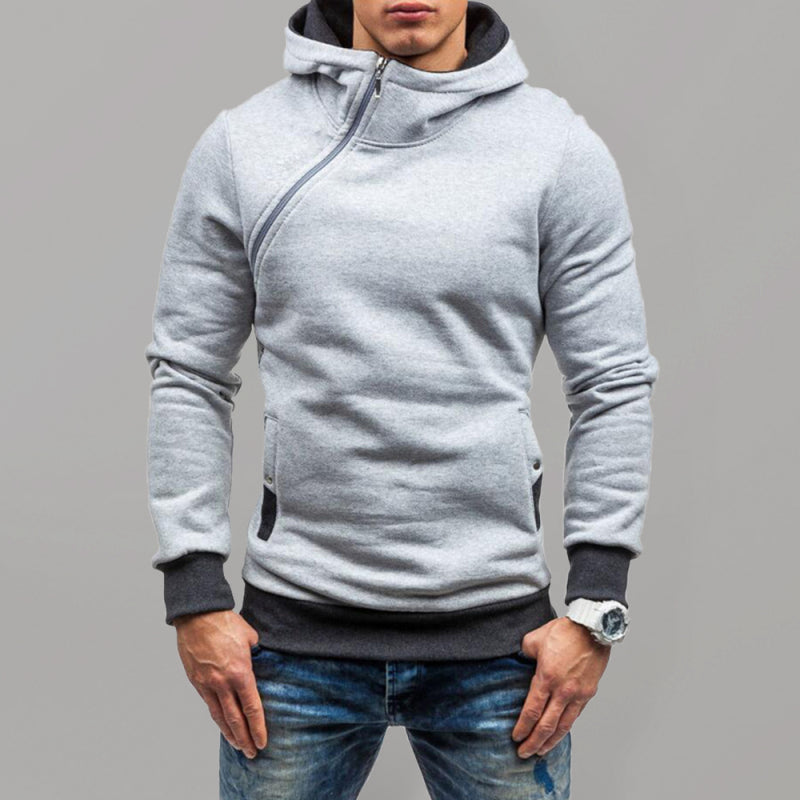 Men's diagonal zipper solid color long-sleeve hoodie