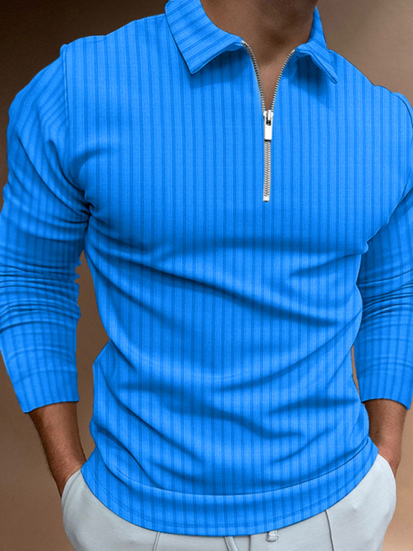 Men's solid color zipper striped long-sleeved POLO shirt