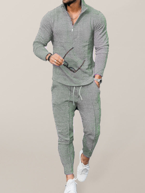 Men's Textured Casual Half Zipper Stand Collar Suit