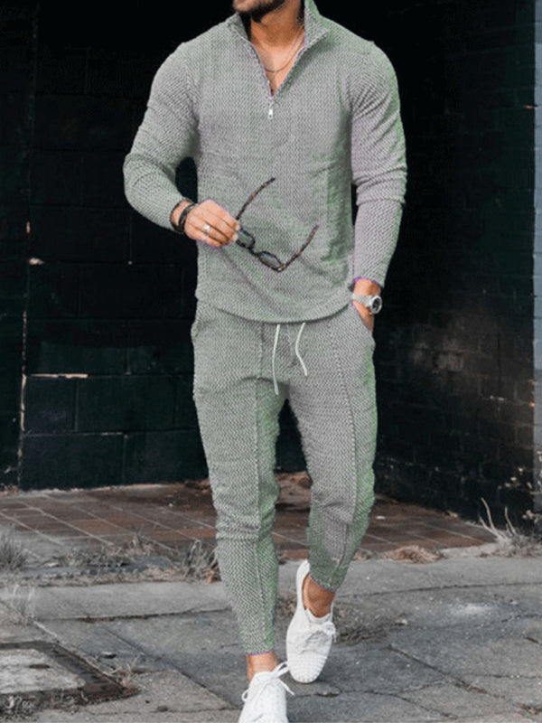 Men's Textured Casual Half Zipper Stand Collar Suit