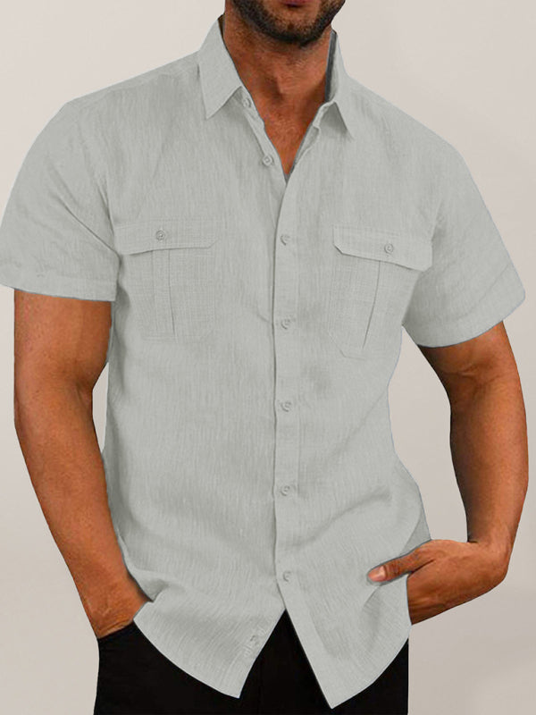 Men's Double Pocket Cotton Linen Short Sleeve  Casual Vacation Shirt