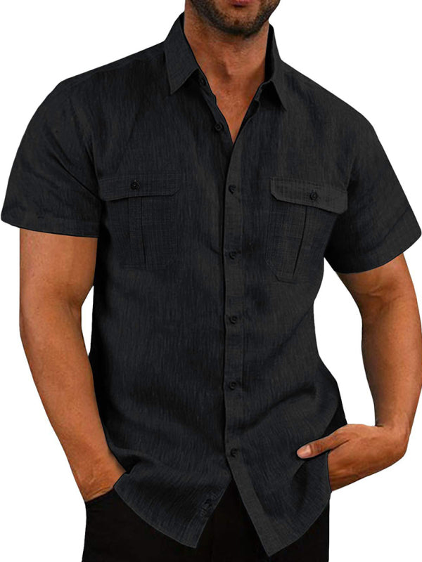 Men's Double Pocket Cotton Linen Short Sleeve  Casual Vacation Shirt