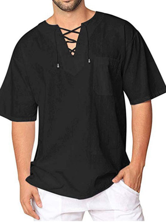 Short Sleeve Cotton Linen Tie Collar Casual Men's T-Shirt