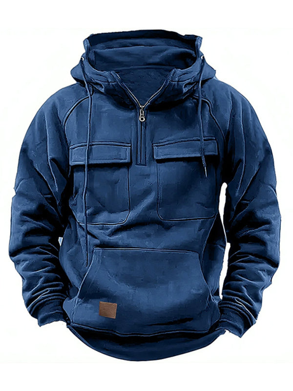 Men's hooded solid color sports multi-pocket sweatshirt jacket