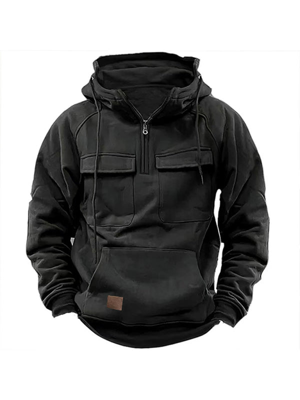 Men's hooded solid color sports multi-pocket sweatshirt jacket