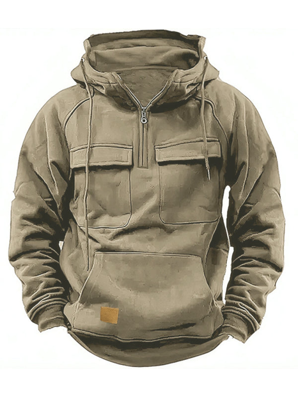 Men's hooded solid color sports multi-pocket sweatshirt jacket