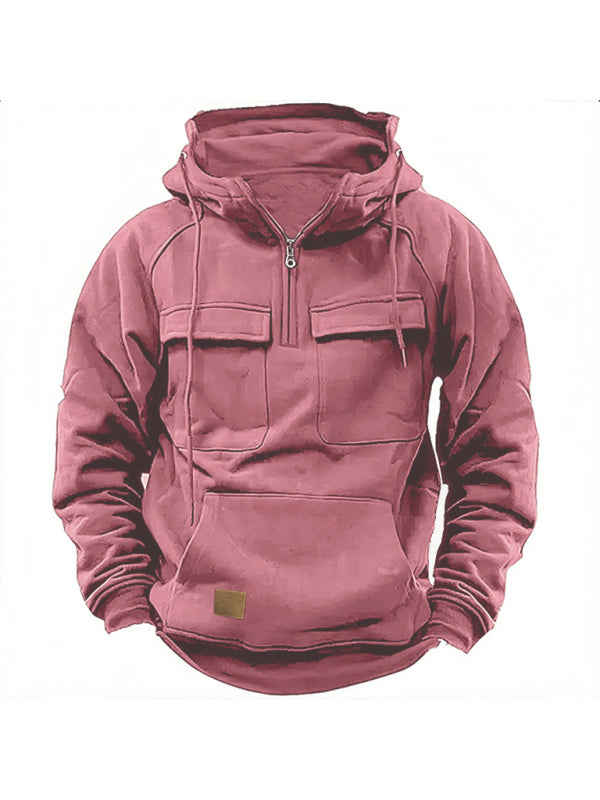 Men's hooded solid color sports multi-pocket sweatshirt jacket