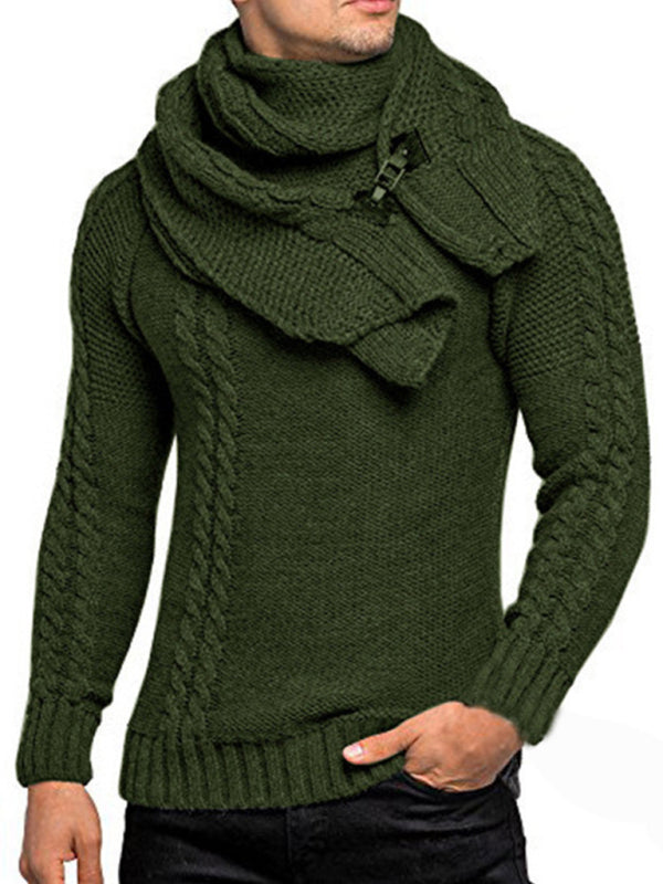 Men's fashionable scarf pullover solid color twist knitted sweater