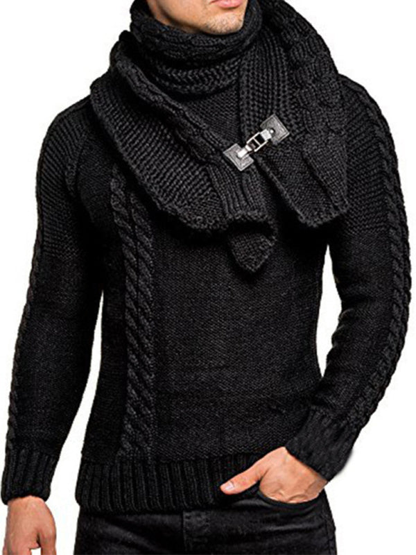 Men's fashionable scarf pullover solid color twist knitted sweater