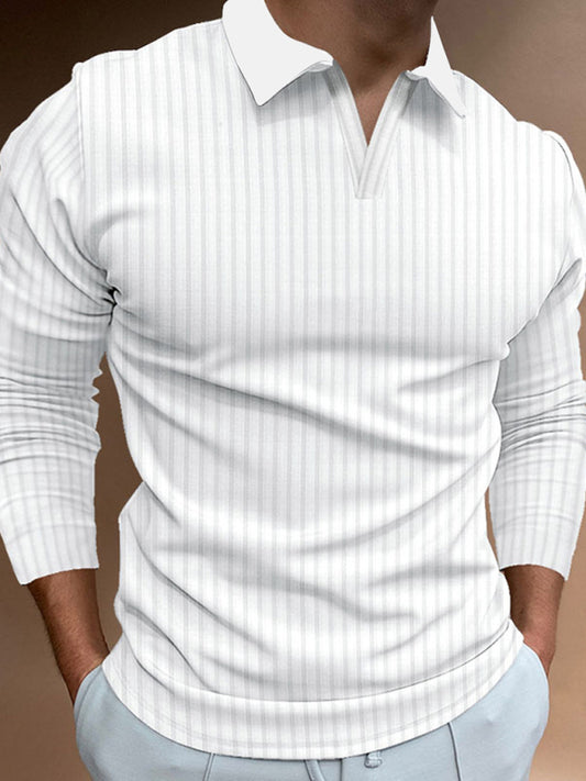 Casual stand-up collar stretch vertical strip long-sleeve V-neck Polo Shirt