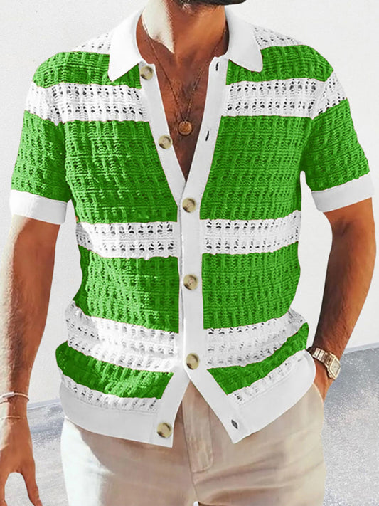Men’s Colour-Block Short-Sleeve Shirt — Lapel Collar