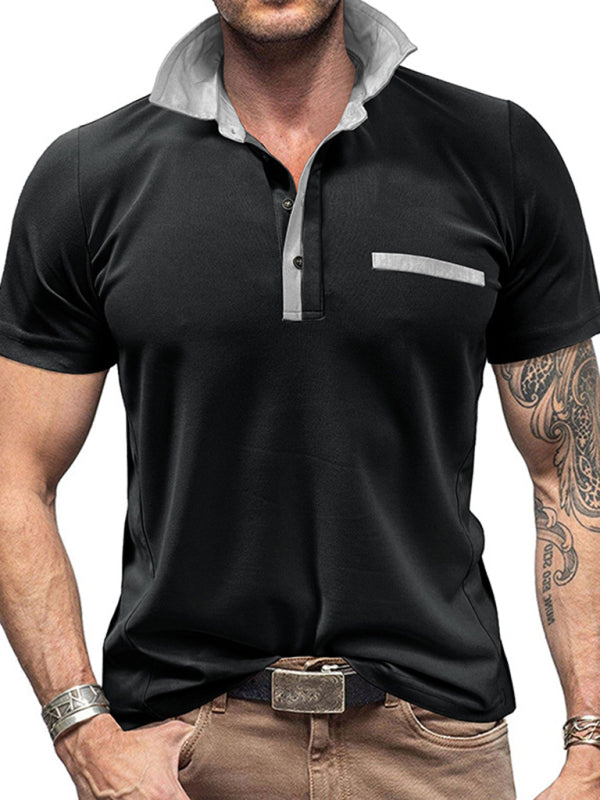 Men’s Casual Color-Block Short-Sleeve Polo Shirt with Lapel Collar