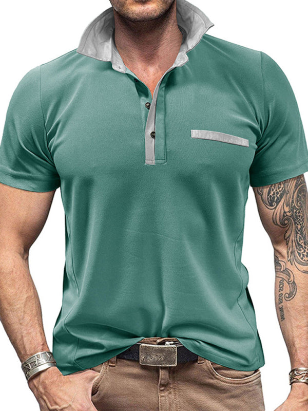 Men’s Casual Color-Block Short-Sleeve Polo Shirt with Lapel Collar