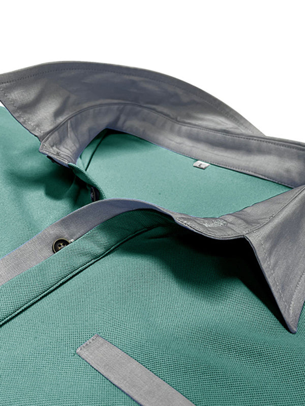 Men’s Casual Color-Block Short-Sleeve Polo Shirt with Lapel Collar