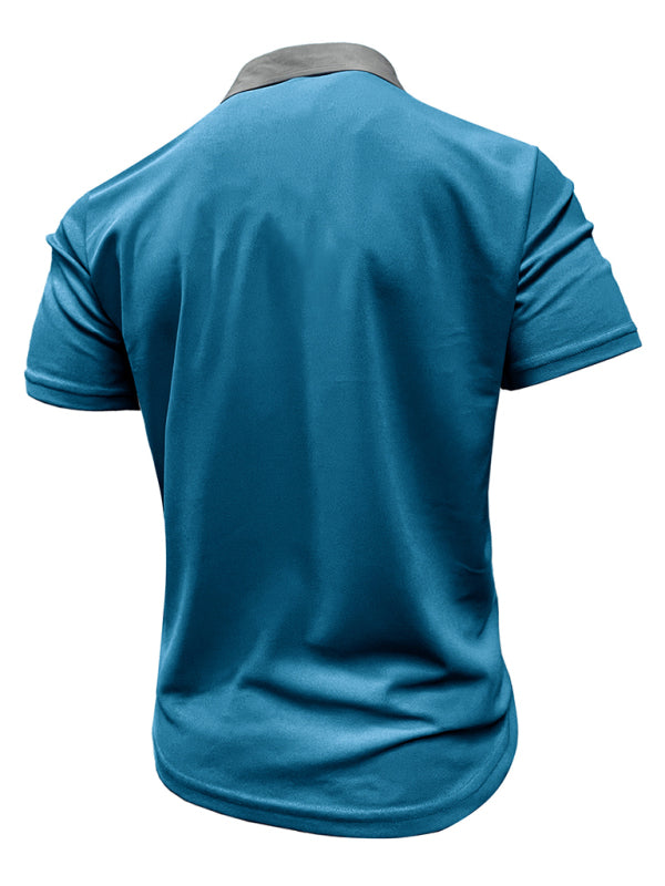 Men’s Casual Color-Block Short-Sleeve Polo Shirt with Lapel Collar