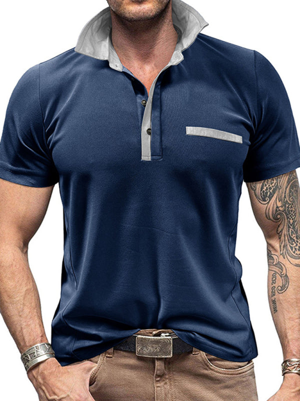 Men’s Casual Color-Block Short-Sleeve Polo Shirt with Lapel Collar