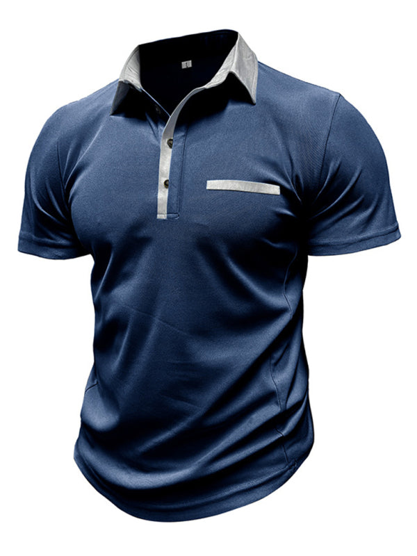 Men’s Casual Color-Block Short-Sleeve Polo Shirt with Lapel Collar