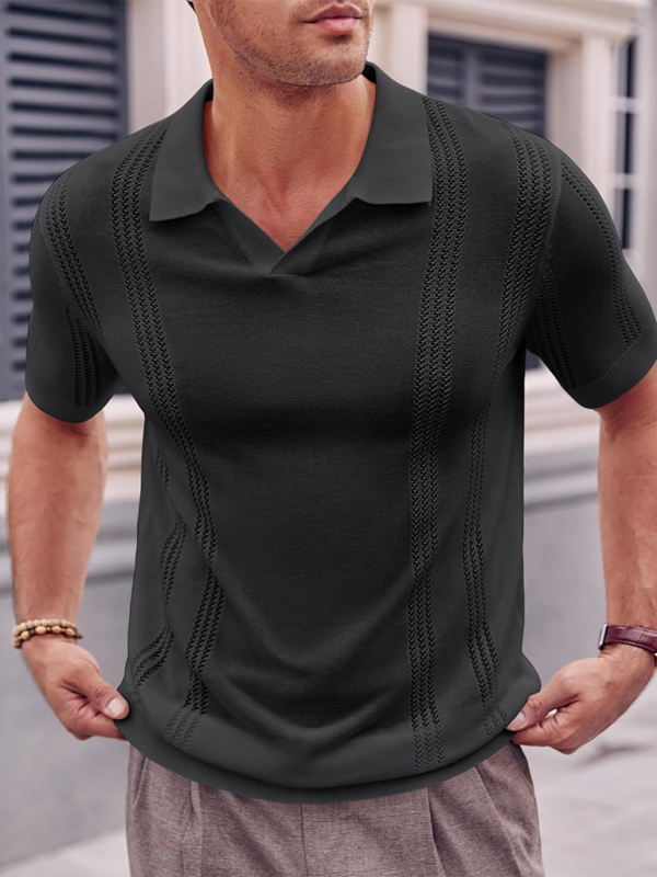 Men's Knitted Short Sleeve V-Neck Loose Solid Color Polo Shirt
