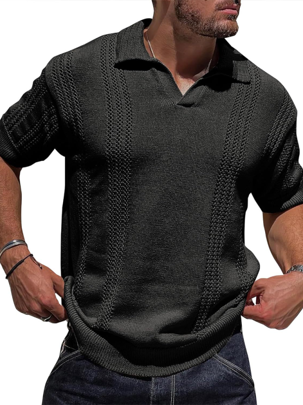 Men's Knitted Short Sleeve V-Neck Loose Solid Color Polo Shirt