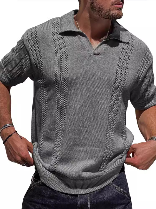 Men's Knitted Short Sleeve V-Neck Loose Solid Color Polo Shirt