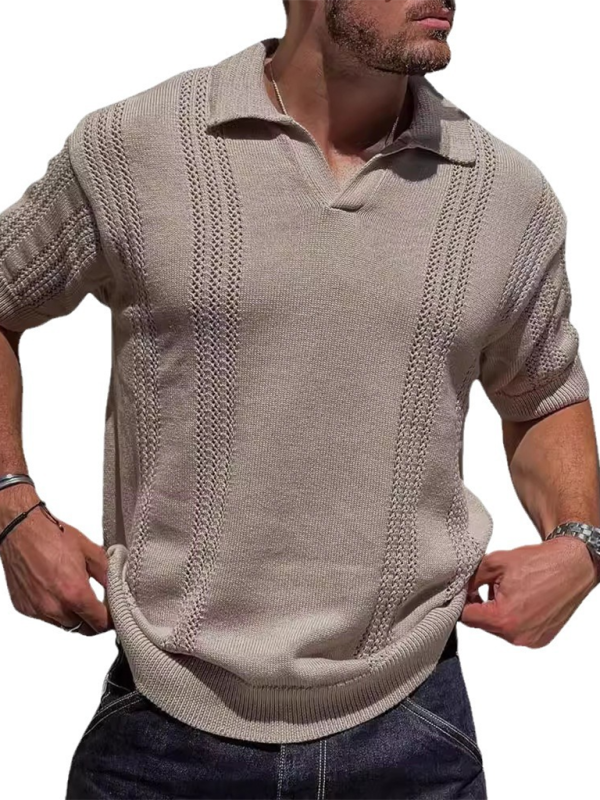 Men's Knitted Short Sleeve V-Neck Loose Solid Color Polo Shirt